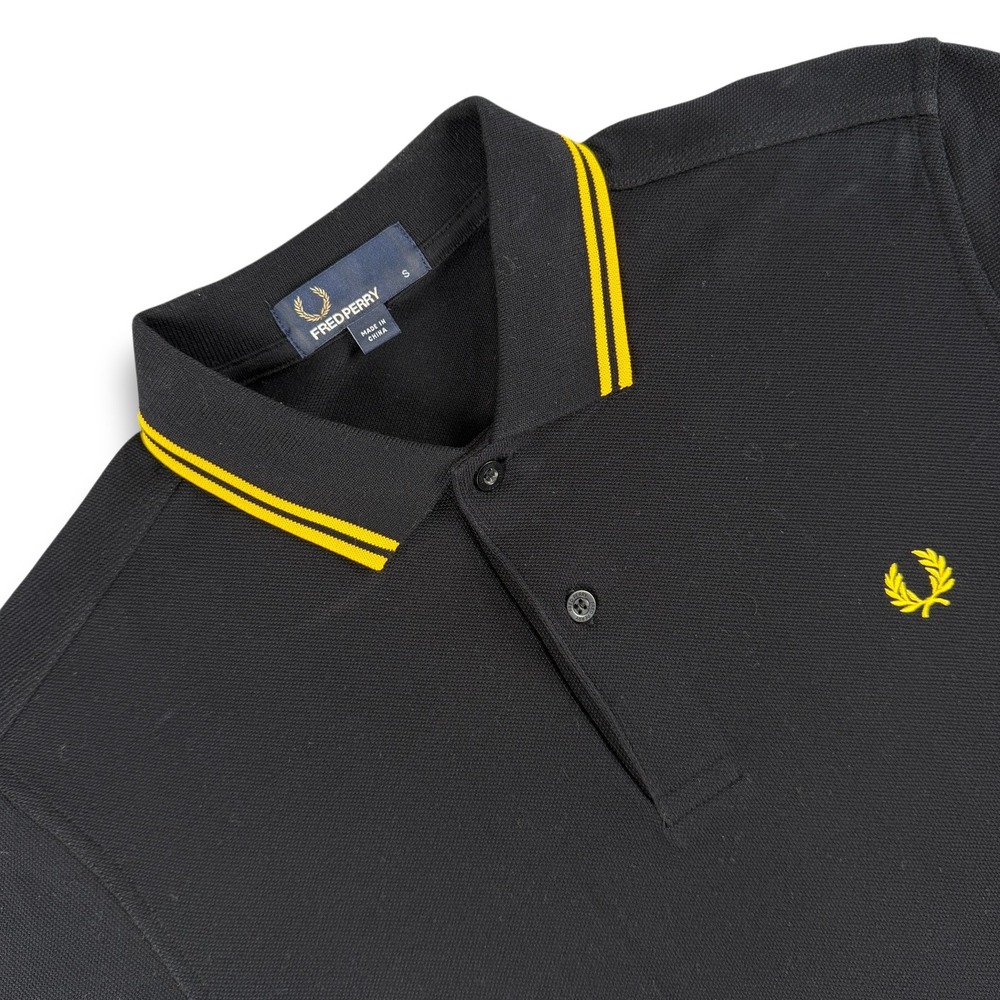 Fred Perry Polo Shirt Mens S Black Yellow Twin Tipped Short Sleeve Pique Fabric